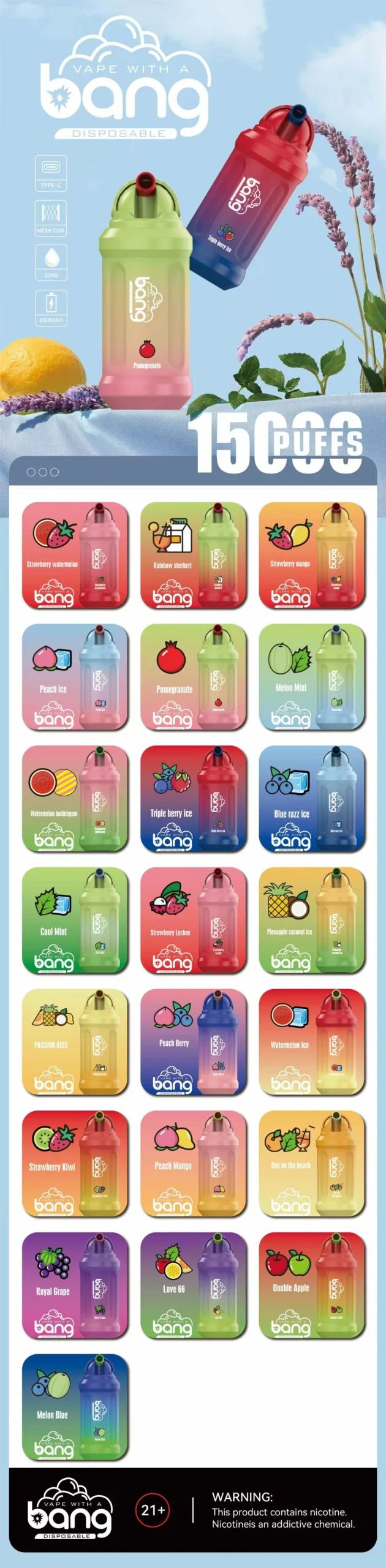 BANG 15000 bouffées 0% 2% 3% 5% Achat en gros à concentration Vapes Pen jetables rechargeables en gros