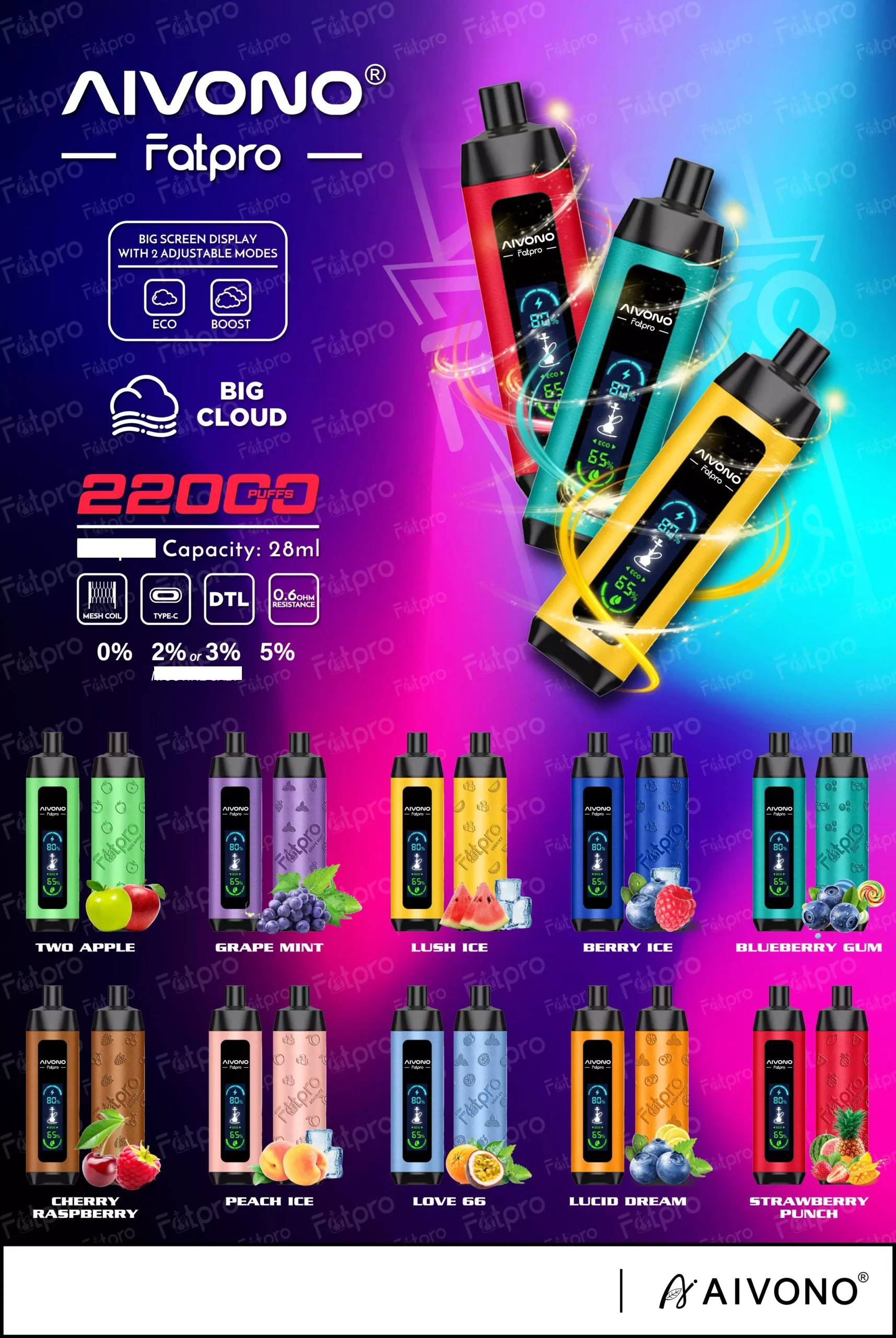 AIVONO Fatpro 22000 Puffs Hookah Écran numérique 0% 2% 3% 5% Concentration faible Original Usine Bulk Buy Vapes Pen rechargeables jetables en gros