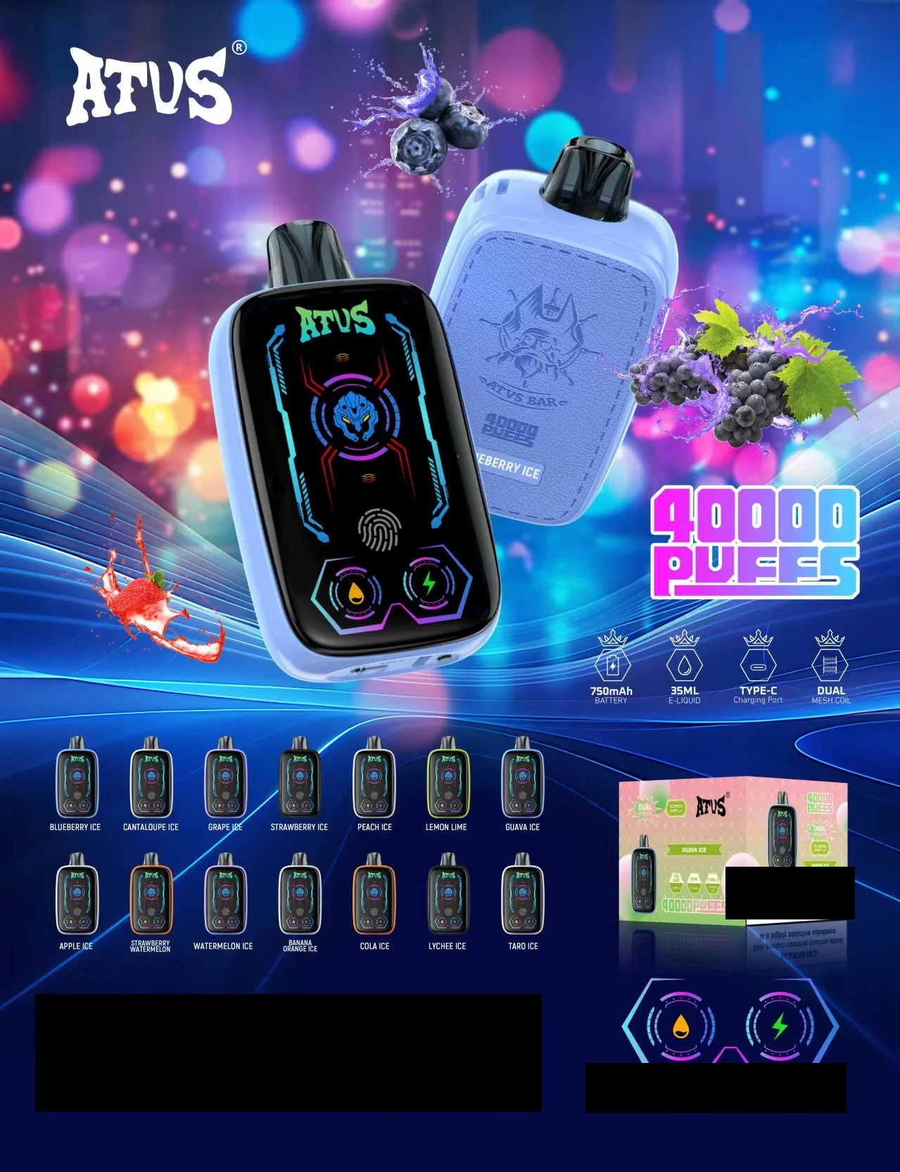 ATVS 40000 Puffs Dual Mesh Digital ekraan 5% Madala nikotiinisisaldusega originaal tehase hulgi Ostke Laetav ühekordne Vapes Pen hulgimüük