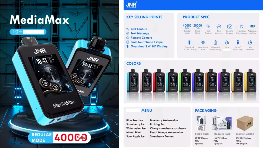 JNR Media Max 40000 Puflar Çift Örgü HD Ekran 5% Düşük Nikotin Orijinal Fabrika Toplu Şarj Edilebilir Tek Kullanımlık Vapes Kalemi Toptan Satın Alın