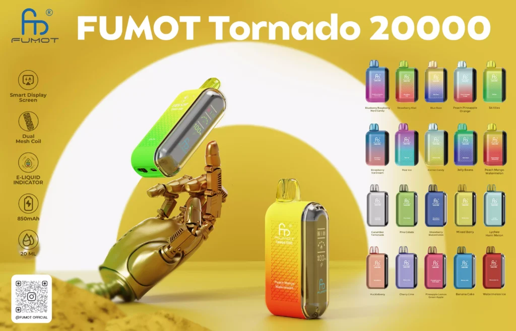 Randm Fumot Tornado 20000 Puffov Digitálna obrazovka 0% 2% 3% 5% Nízka koncentrácia Originálny továrenský veľkoobchodný nákup Nabíjateľné jednorazové Vapes pero Veľkoobchod