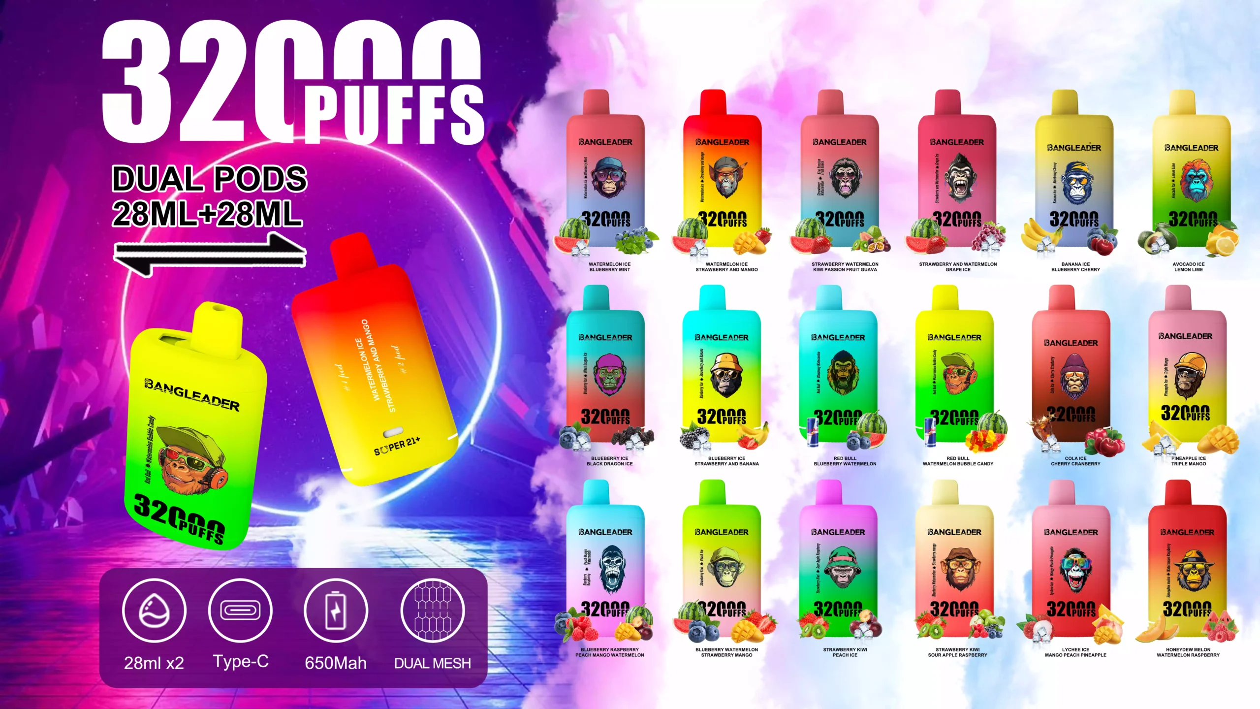 LEADER BANG 32000 bouffées Double saveur Faible intensité Achat en gros Rechargeable Vapes jetables d'origine Vente en gros