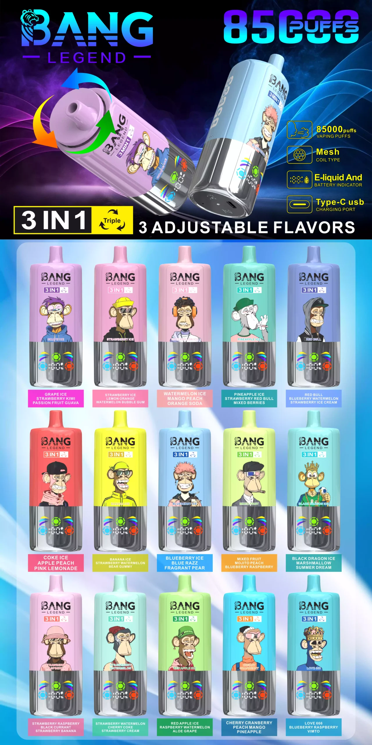 BANG LEGEND 85000 Puffs DSK058 Ricaricabile 3 IN 1 Acquisto in Massa Vape Monouso Originali all'Ingrosso