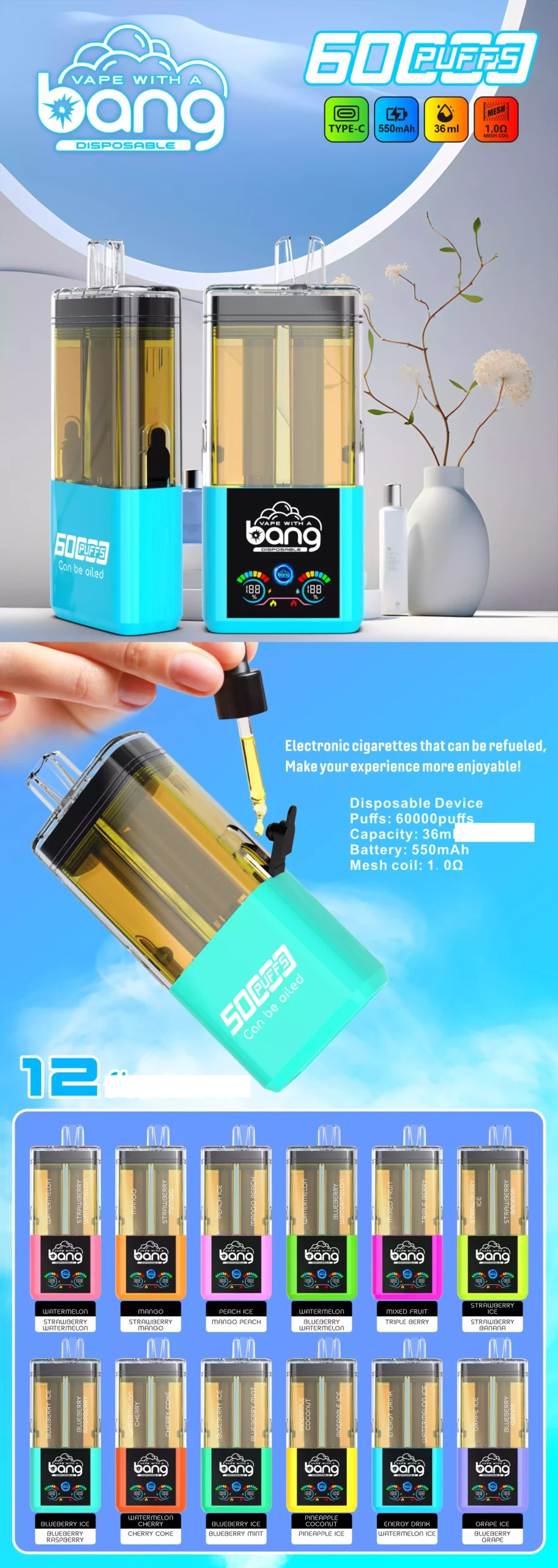 BANG 12 Opciones 60K 60000 Puffs Alta Capacidad Pantalla Inteligente Vape Desechable Mayorista Compra al Por Mayor