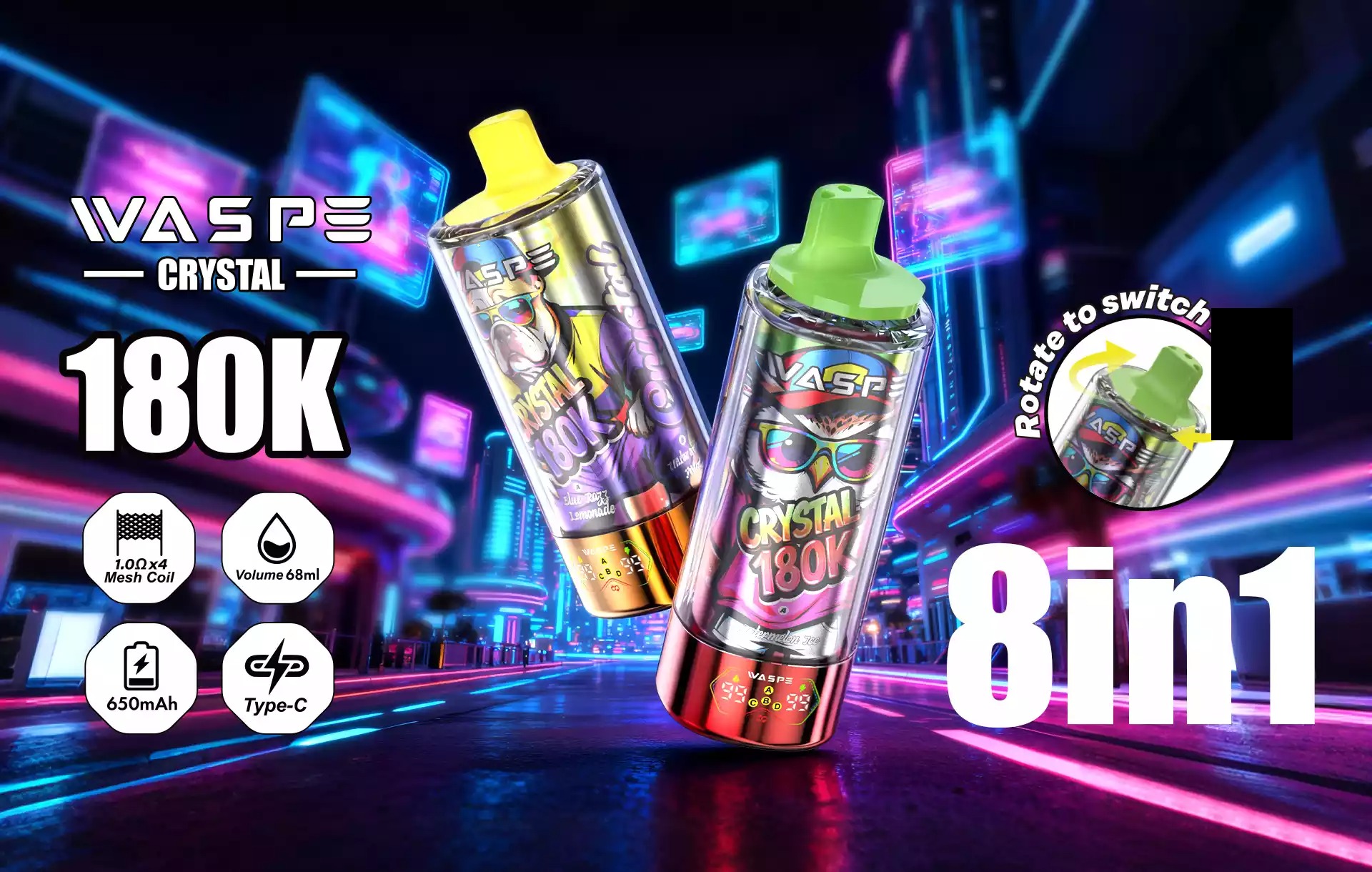 WASPE 8 in 1 Crystal 180000 Puffs 180K Disposable Vapes Wholesale Bulk Buy Rechargeable LED Screen