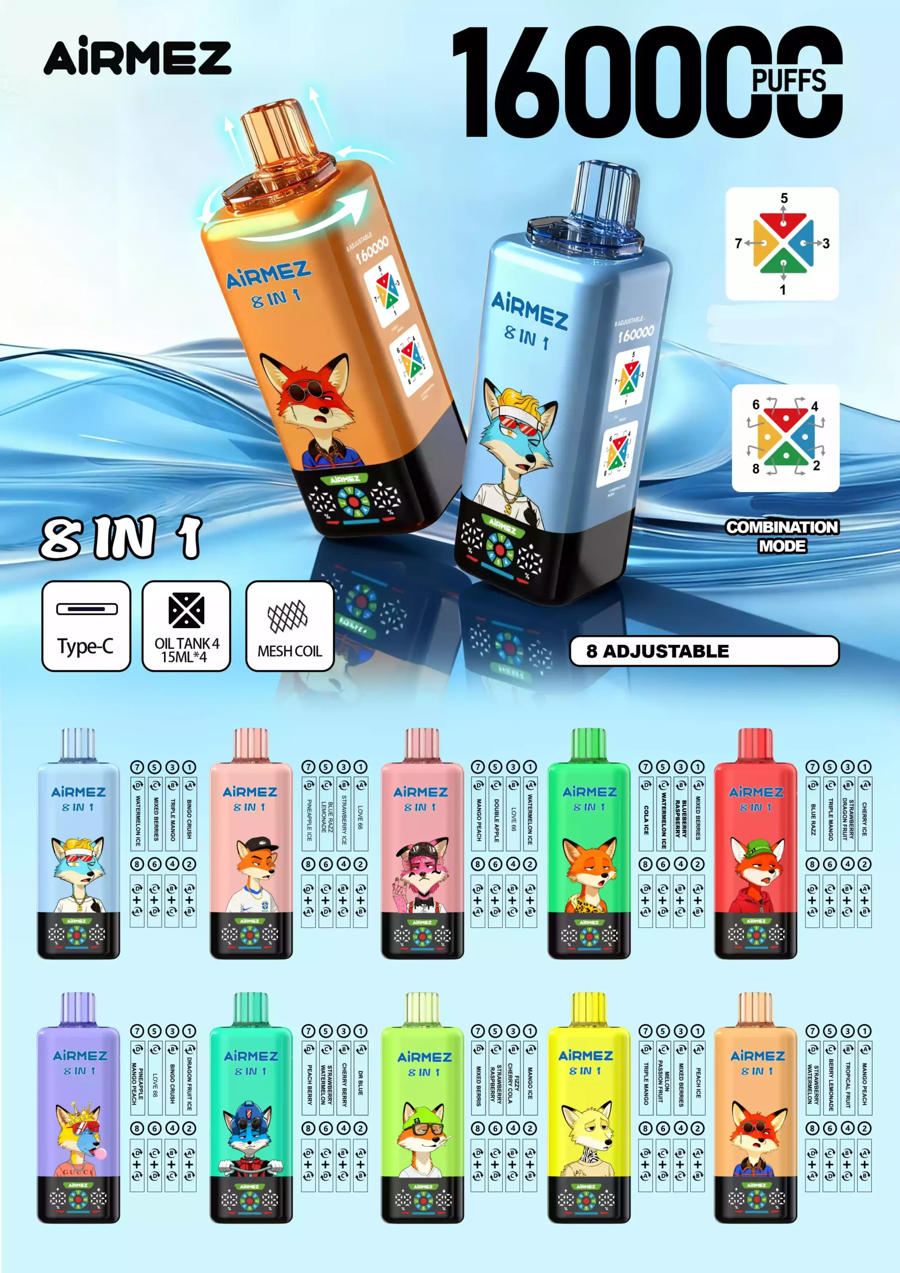 AIRMEZ FOX 8 v 1 160 000 nádechů Jednorázové vapech Velkoobchodní nákup 160K 60ML Kapacita Mesh Cívka Displejní krabice