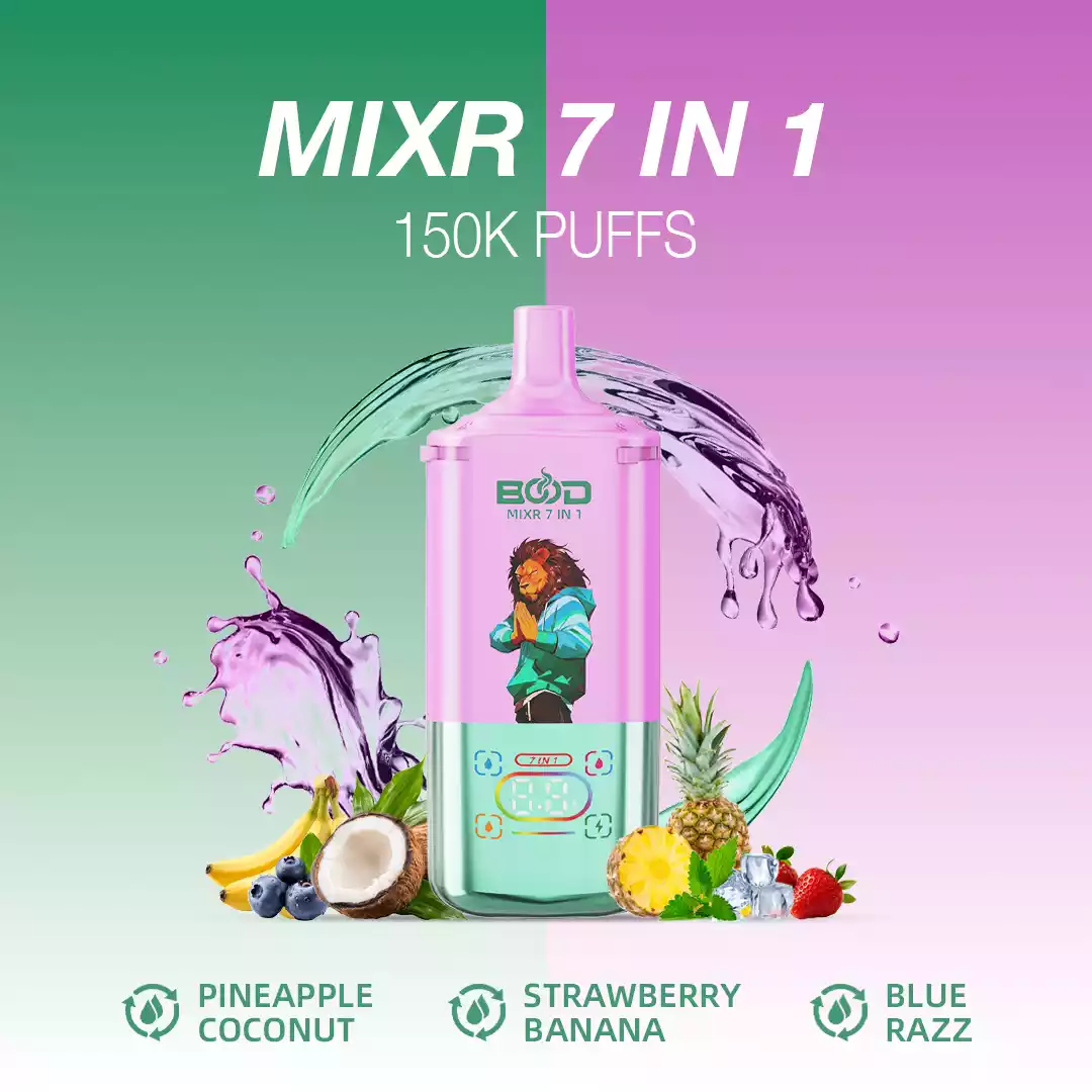 BOOD MIXR 7 in 1 150K Disposable Vapes Wholesale Bulk Buy 150000 Puffs Tri Tank Dual Mesh Coil Taste Switching System