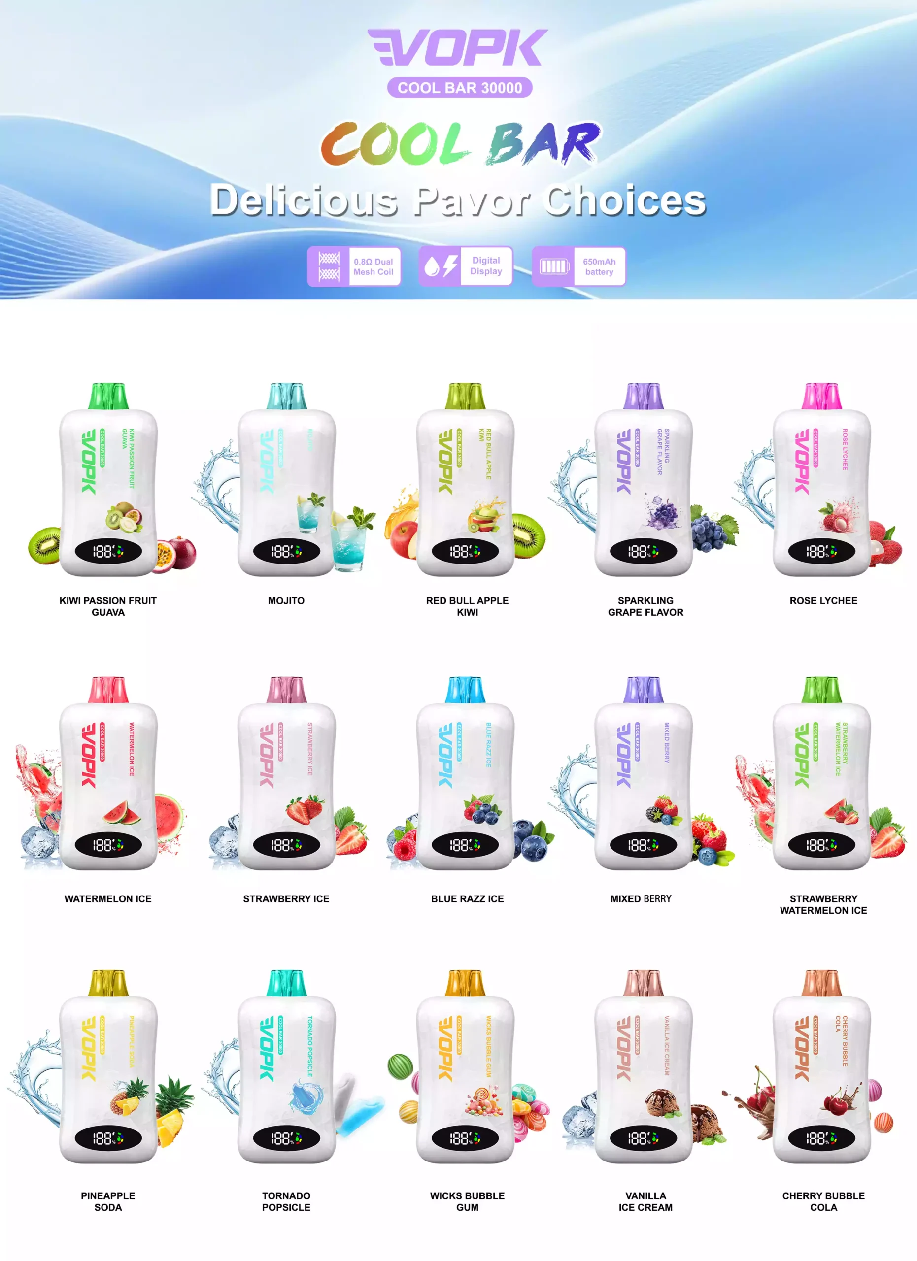VOPK COOL BAR 30000 Puffs 30K Rechargeable Smart Screen Disposable Vapes Wholesale Bulk Buy 30 VOPK COOL BAR 30000 Puffs 30K Rechargeable Smart Screen Disposable Vapes Wholesale Bulk Buy