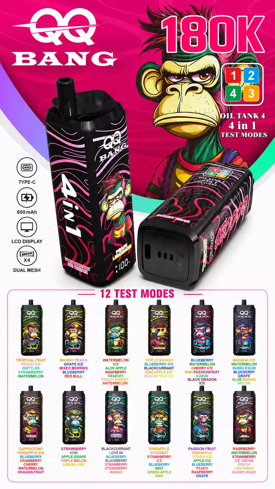 QQ BANG 180000 Puffs DSK070 4 In 1 180K Vape Monouso Ricaricabile con Schermo LCD Acquisto all'Ingrosso in Grande Quantità