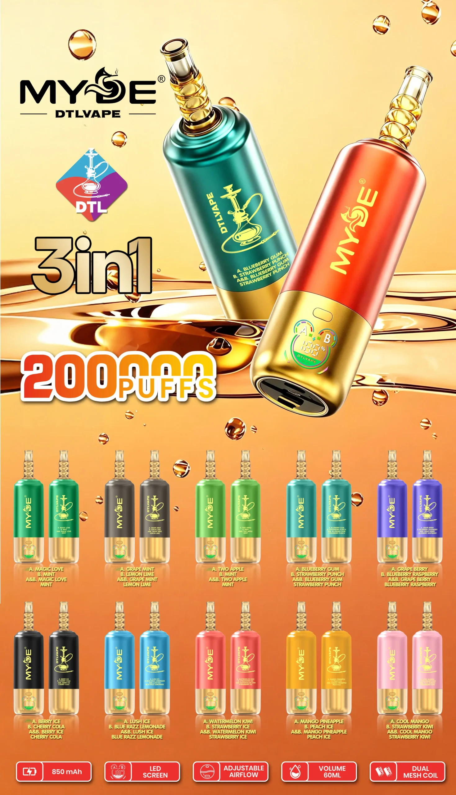 MYDE DTL 3 in 1 200000 Puffs Shisha Disposable Vapes 200K Wholesale Bulk Buy Mesh Coil LED Display