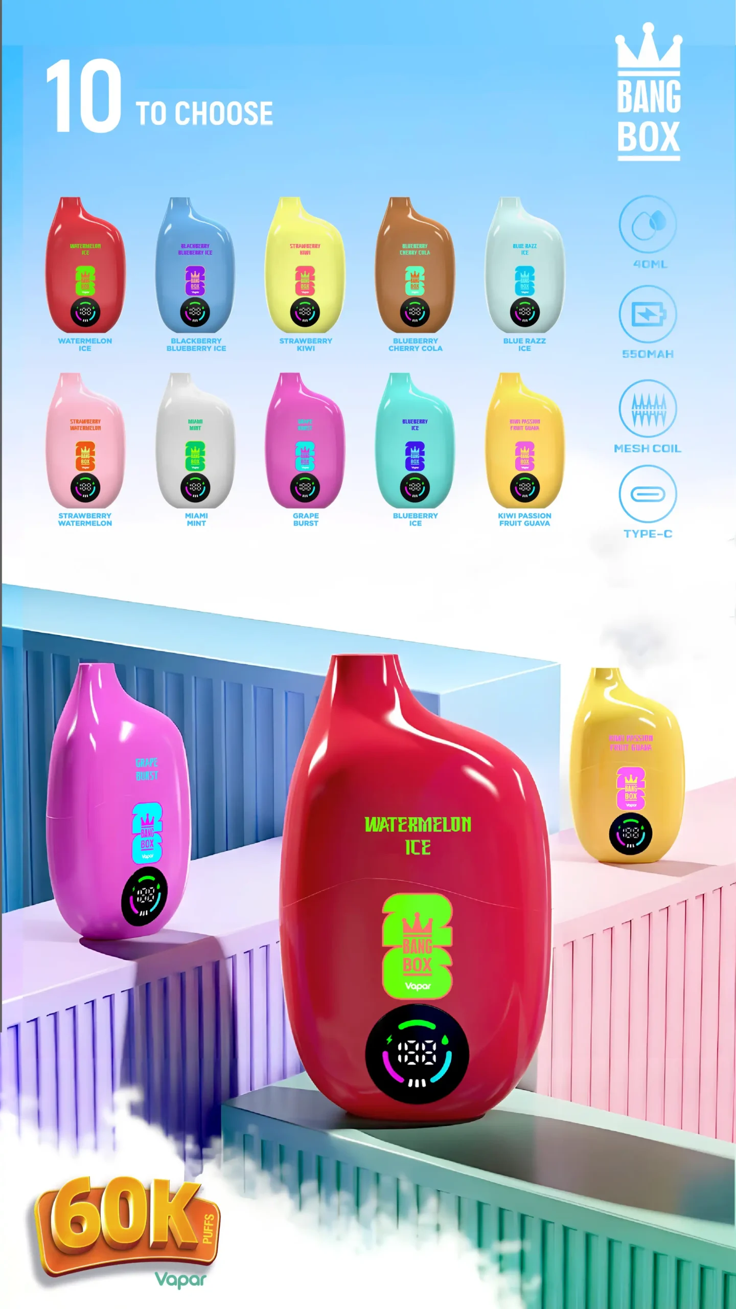BANG BOX 60000 Puffs 60K Disposable Vapes Wholesale Bulk Buy Premium Mesh Coil LED Screen 20 BANG BOX 60000 Puffs 60K disposable vape with mesh coil and LED screen