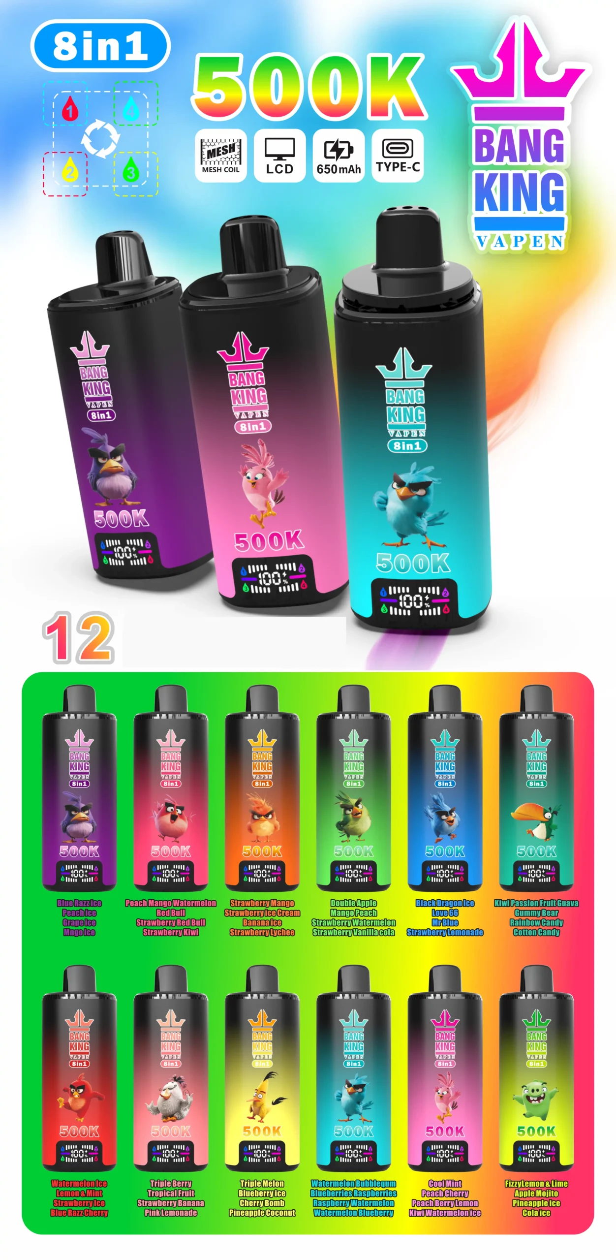 BANG KING 8 În 1 Gusturi 500K DSK073 Premium Dual Mesh Coil Smart Display 500000 Puff-uri Vape de Unică Folosință Vândute În Vrac Cumpărați 20 BANG KING 500K DSK073 Premium Dual Mesh Coil Smart Display 500000 Puffs 8 În 1 Disposable Vapes Vrac în Vrac Cumpărați