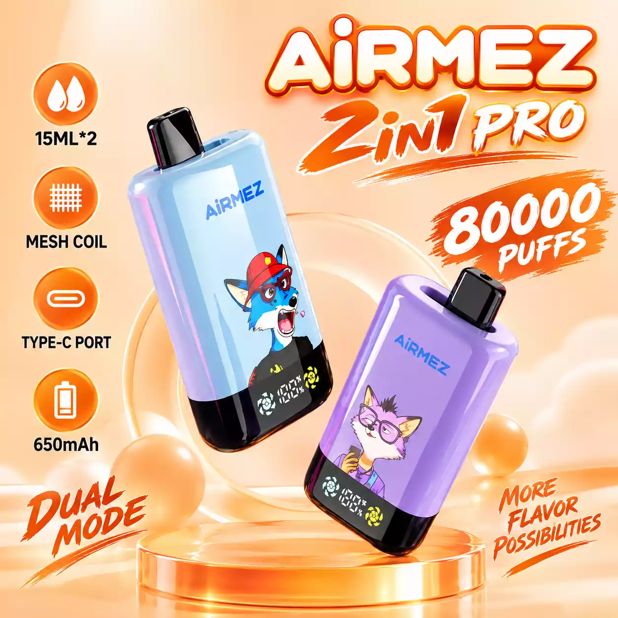 AIRMEZ FOX 2 IN 1 PRO 80000 80K Puffs Disposable Vapes Wholesale Bulk Buy Smart Screen Mesh Coil
