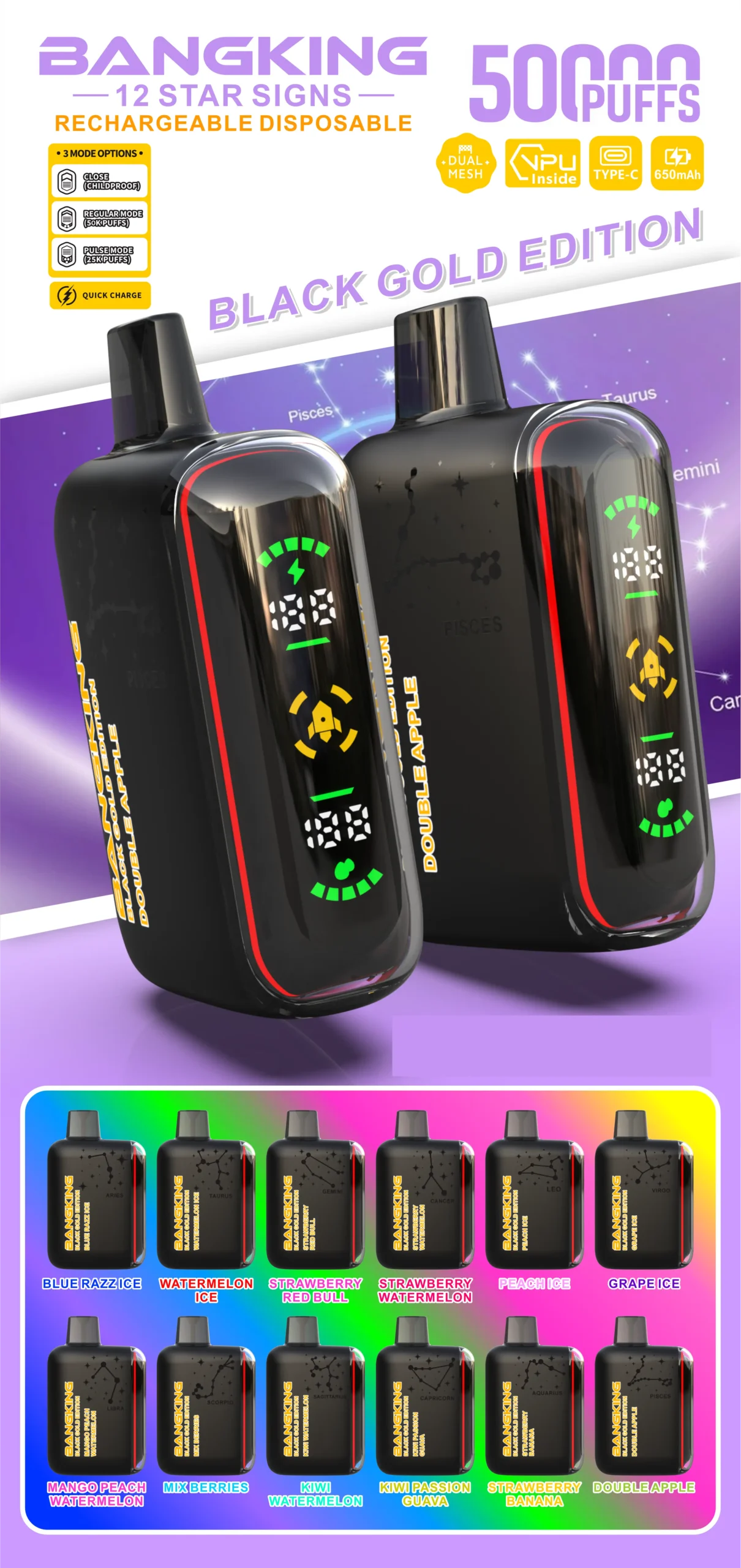 BANG KING 50K DSK089 Vapes Descartáveis Venda por Atacado Compra a Granel 50000 Puffs Recarregável 3 Modos Dual Mesh