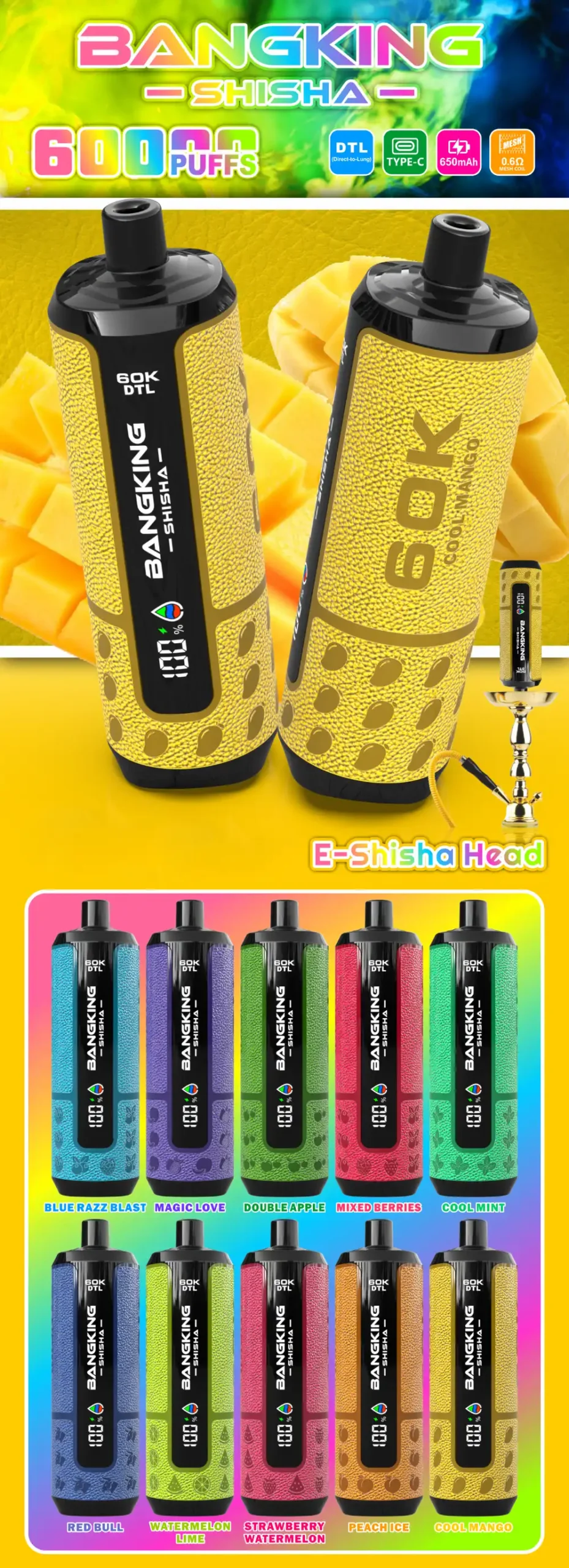 BANG KING Shisha 60K DSK091 DTL 60000 Puffs Disposable Vapes Wholesale Bulk Buy Mesh Coil 64 BANG KING 60K DSK091 DTL 60000 Puffs Shisha Disposable Vapes Wholesale Bulk Buy Mesh Coil