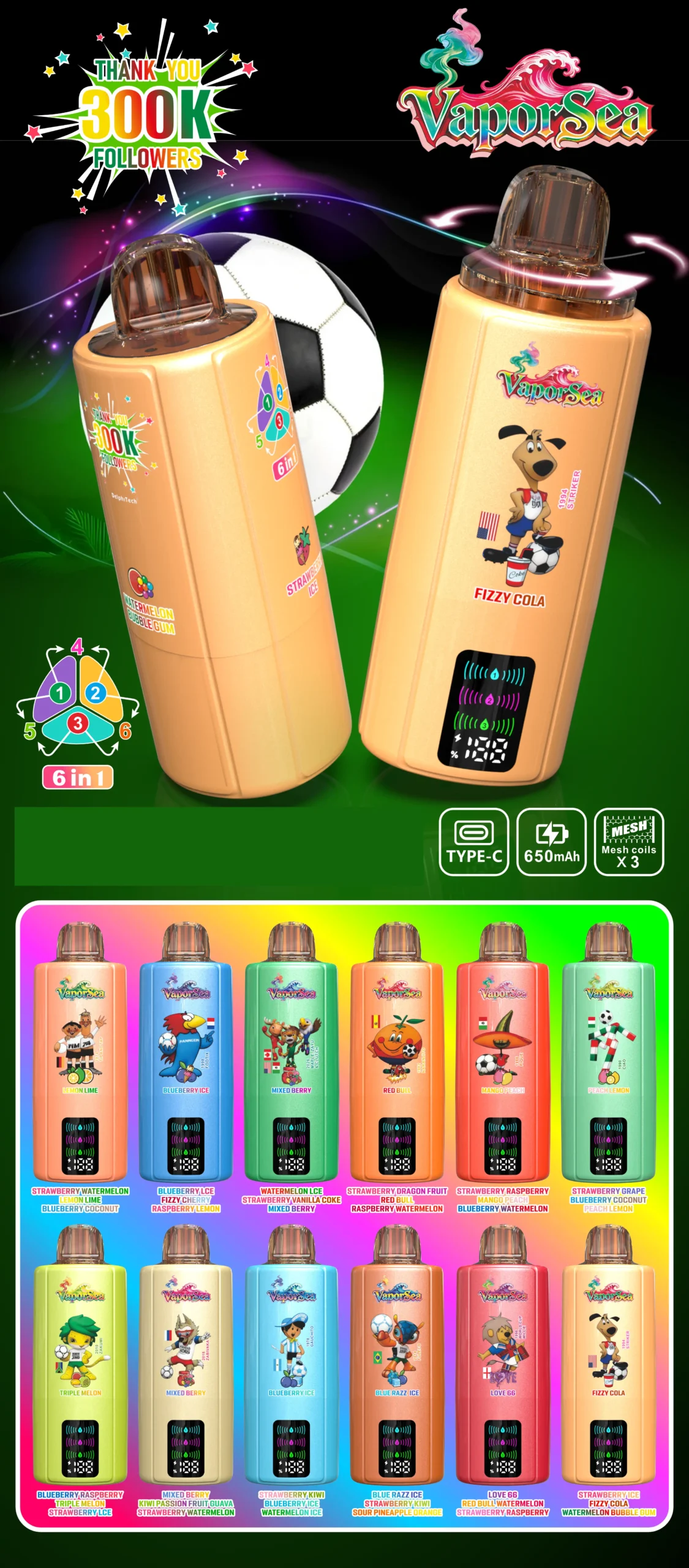 BANG VAPORSEA 300K DSK092 6 In 1 Taste Triple Mesh 300000 Puffs Rechargeable Disposable Vapes Wholesale Bulk Buy