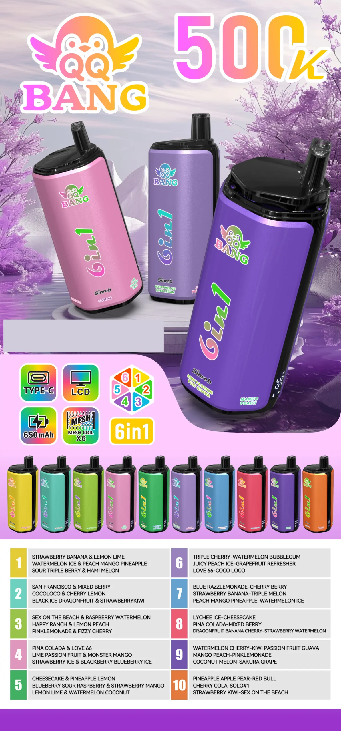 QQ BANG 500K DSK090 6 In 1 500000 Puffs Disposable Vapes Rechargeable Wholesale Bulk Buy 6 Mesh Coil LCD Screen 64 QQ BANG 500K DSK090 6 In 1 Options 500000 Puffs Disposable Vapes Wholesale Bulk Buy 6 Mesh Coil LCD Screen