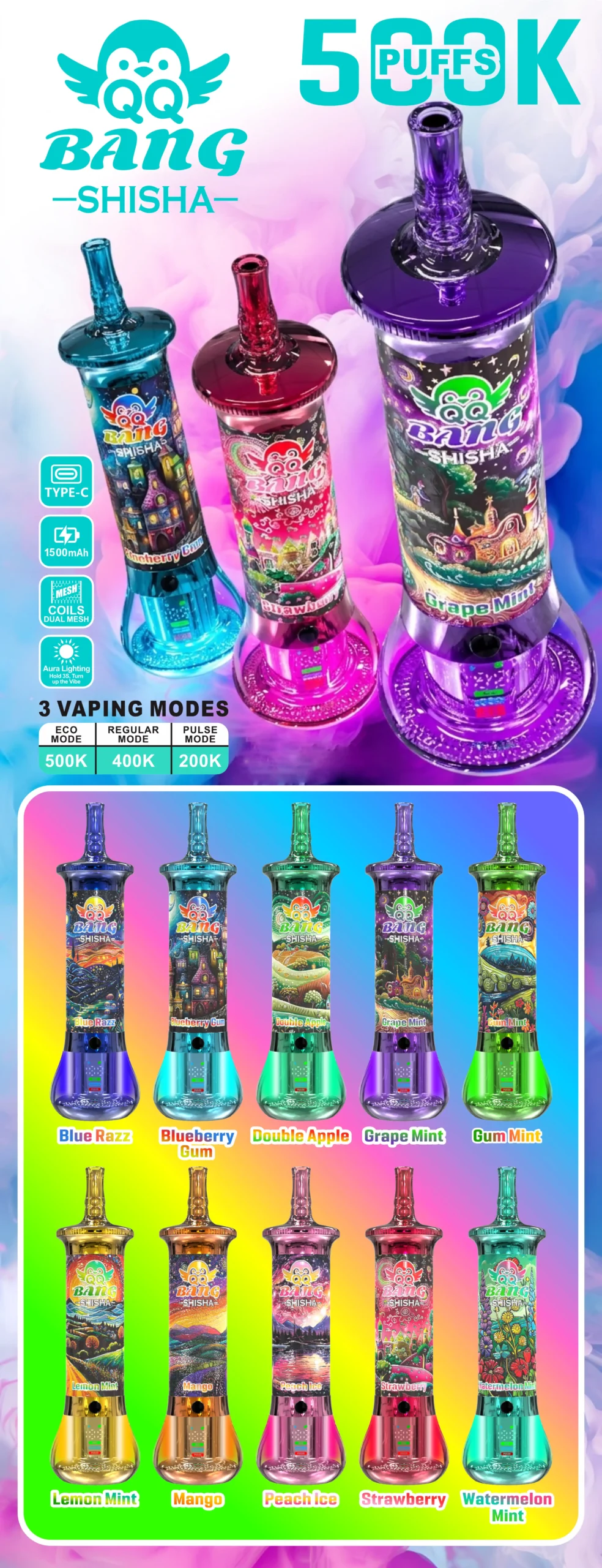 QQ BANG Shisha 500000 DSK093 500K Puffs Crystal Disposable Vapes Wholesale Bulk Buy Dual Mesh Coil